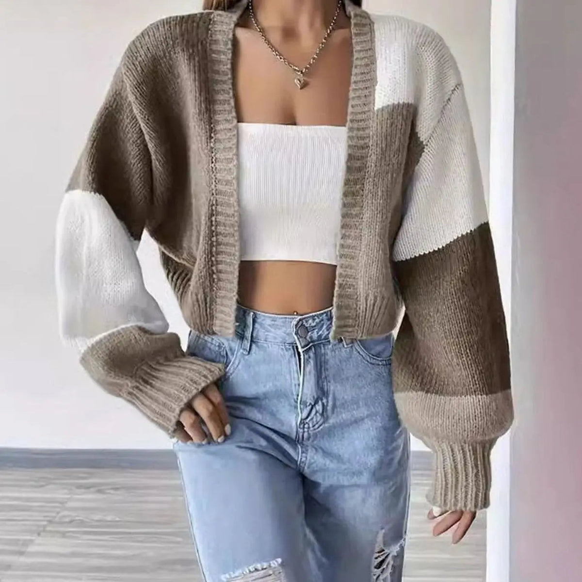 Women's Color Block Cropped Knit Cardigan Balloon Sleeve Open Front