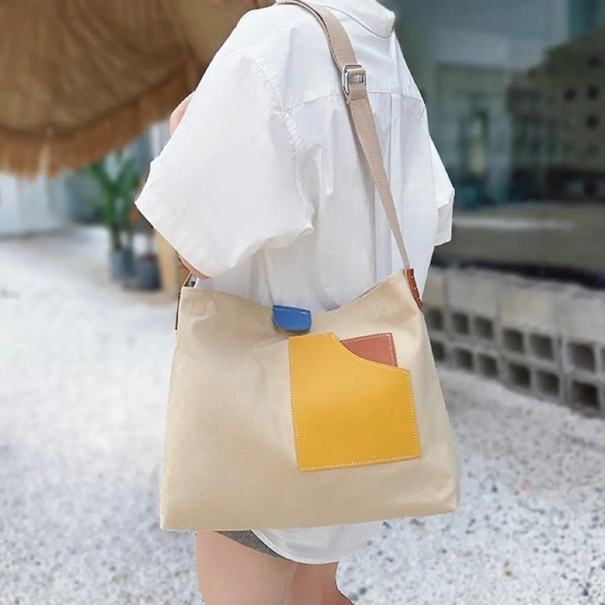 Women's Colour Block Canvas Tote Bag PU Leather Pocket Shoulder Bag