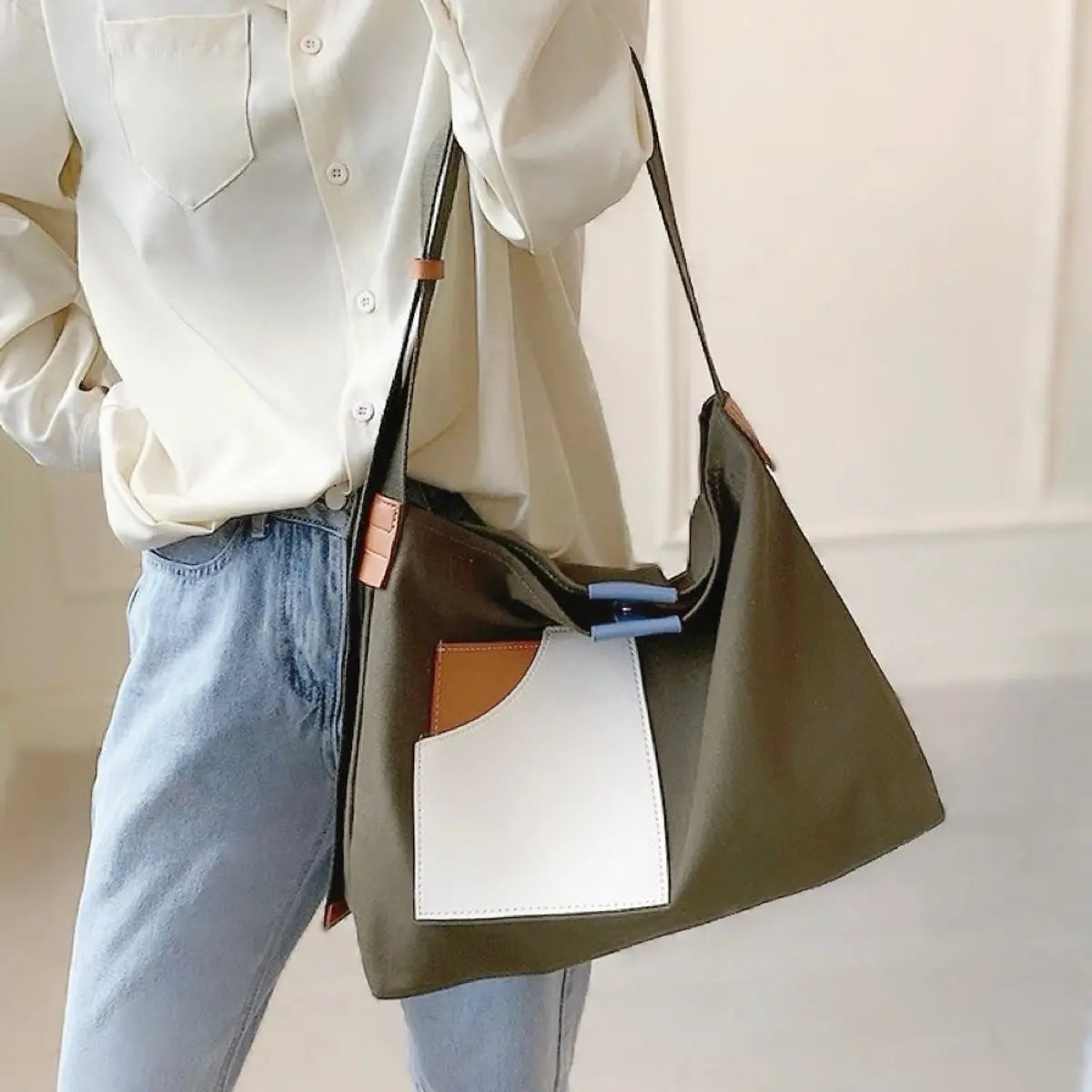 Women's Colour Block Canvas Tote Bag PU Leather Pocket Shoulder Bag