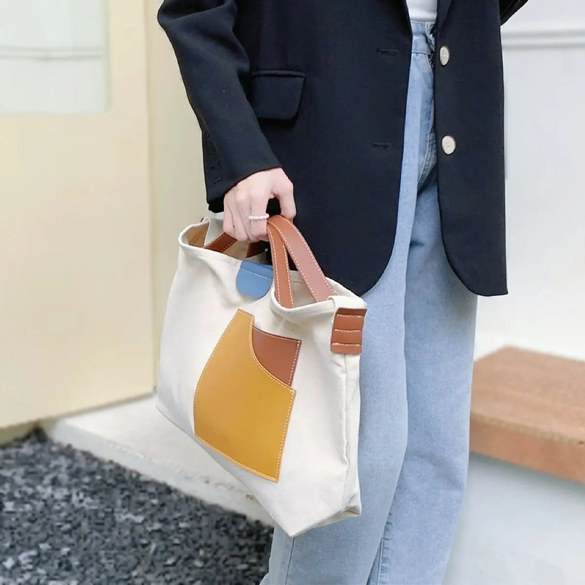 Women's Colour Block Canvas Tote Bag PU Leather Pocket Shoulder Bag