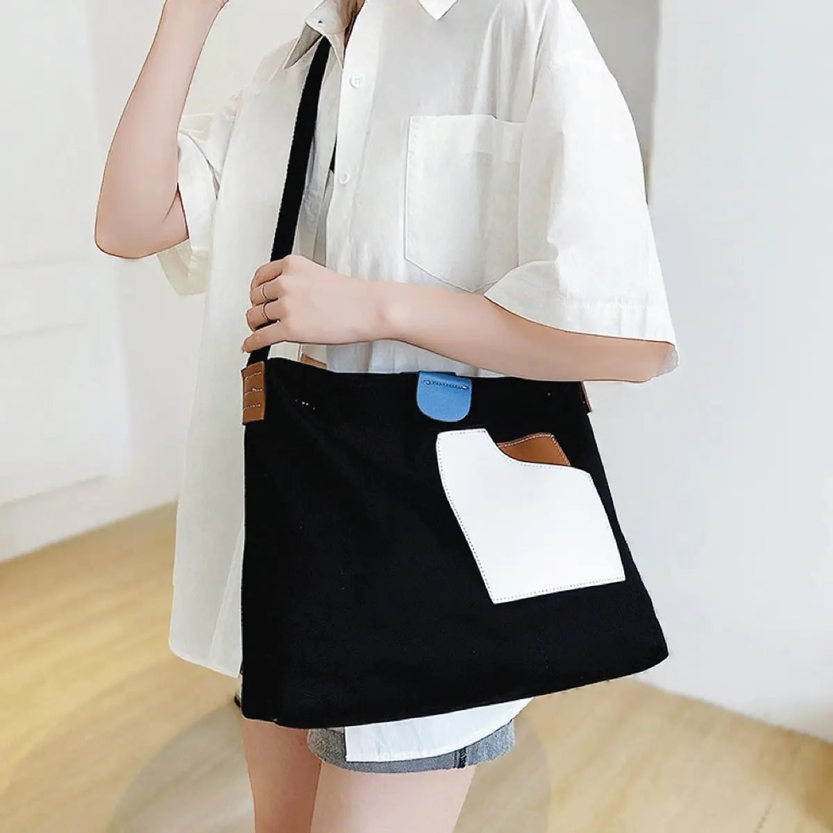 Women's Colour Block Canvas Tote Bag PU Leather Pocket Shoulder Bag