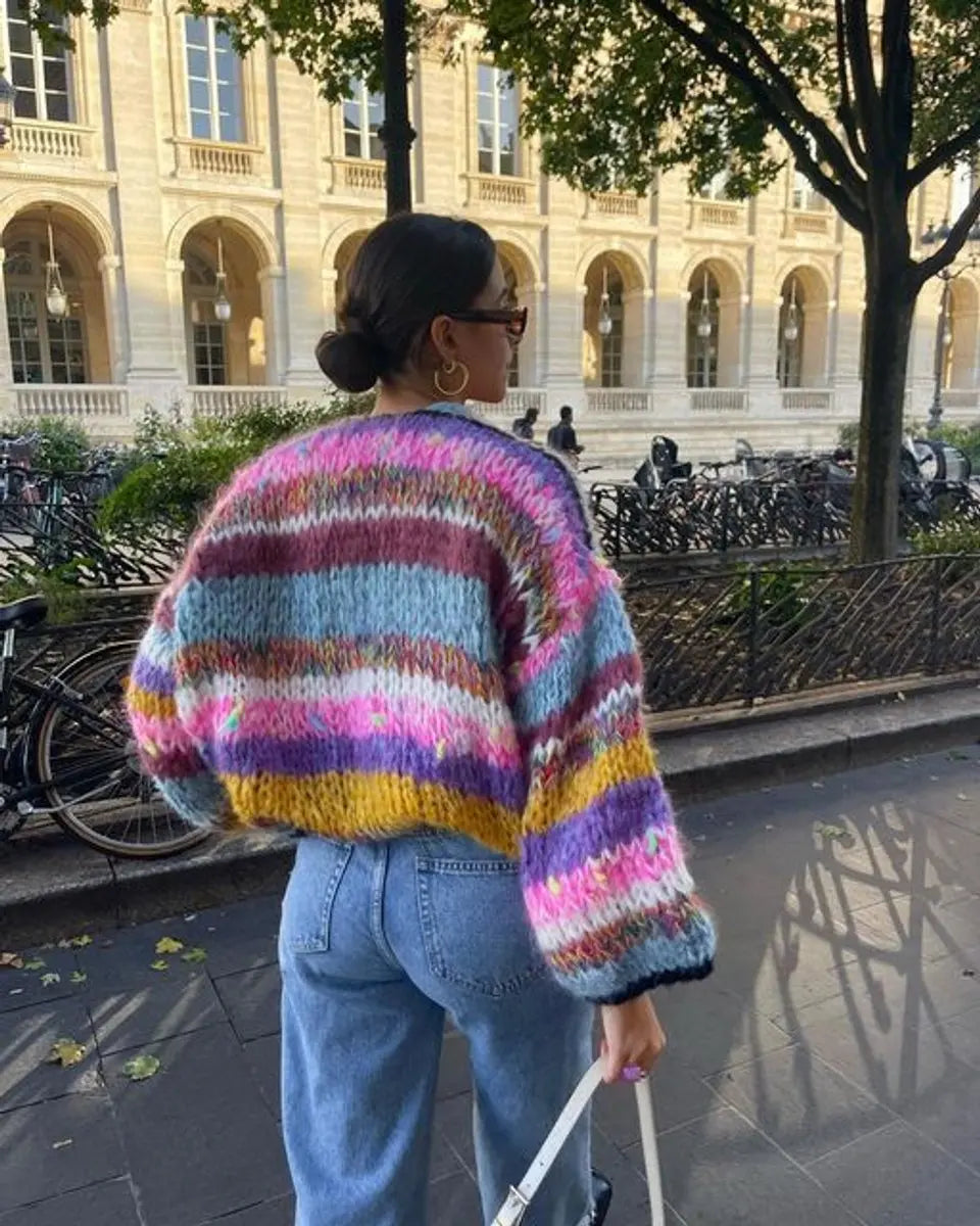 Women's Colour Block Cropped Knit Womens Cardigan Patchwork
