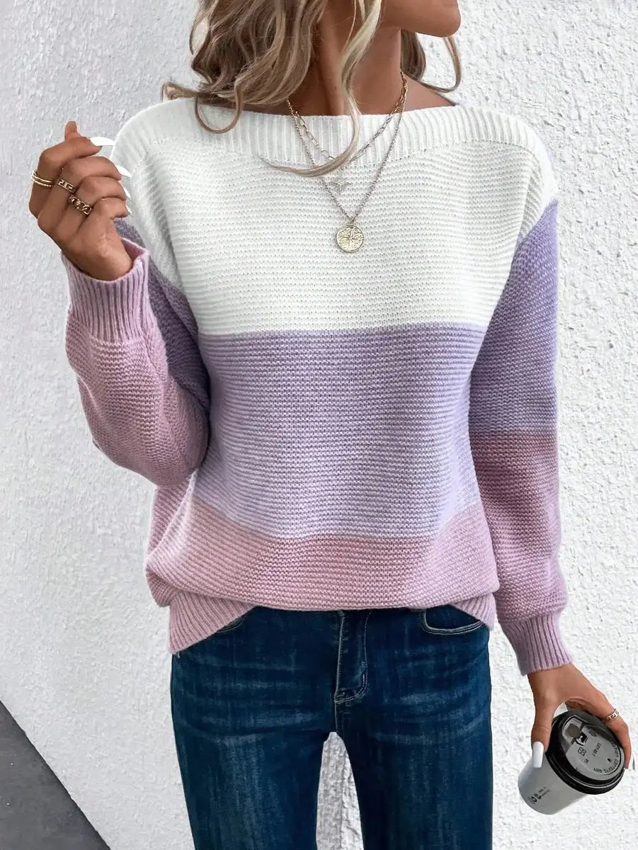 Women's Colour Block Relaxed Fit Long Sleeve Knit Sweater Jumper
