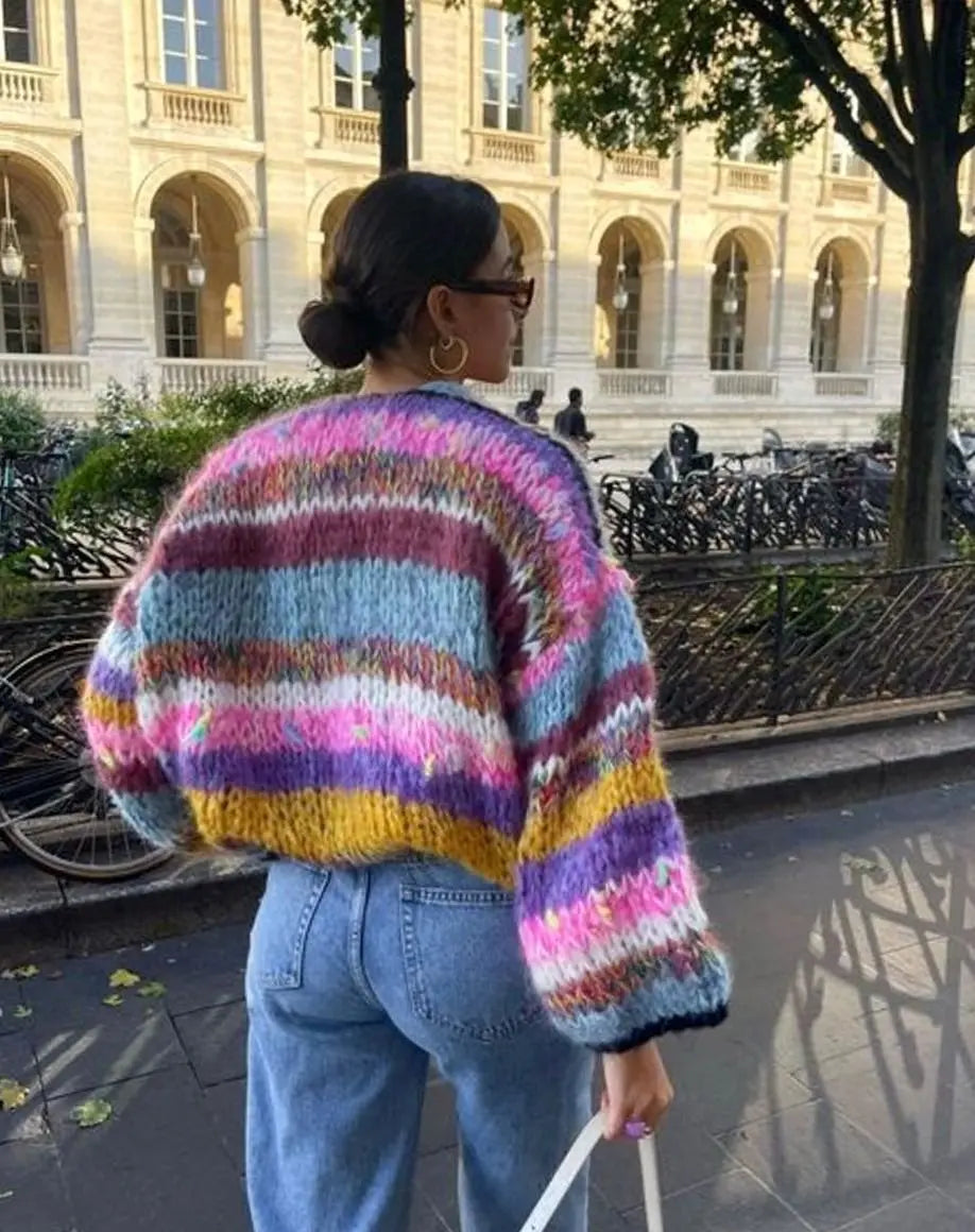 Women's Colourblock Cropped Knit Jumper Fluffy Patchwork