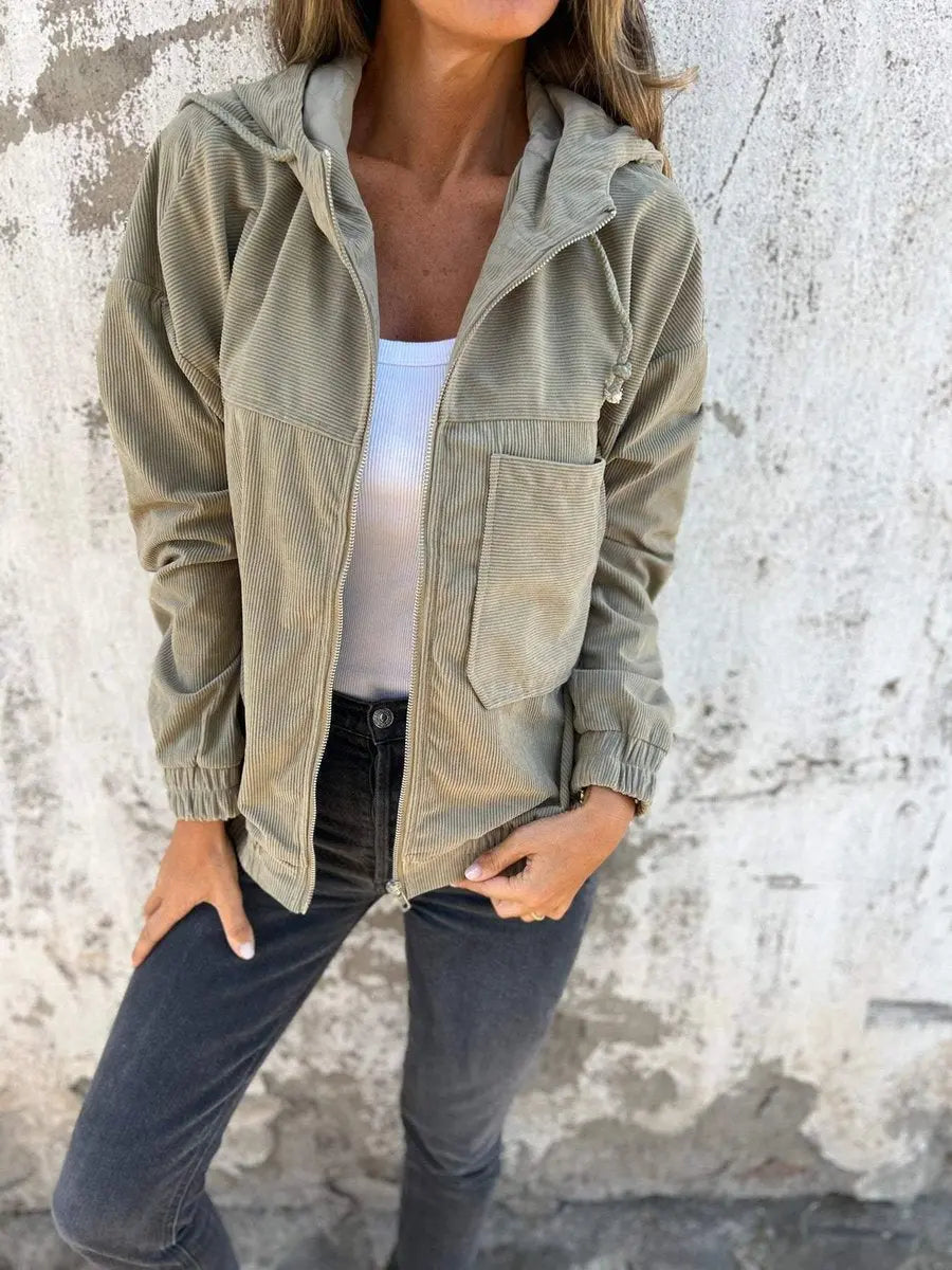 Women's Corduroy Hooded Zip-Up Quilted Jacket Women Oversized Fit