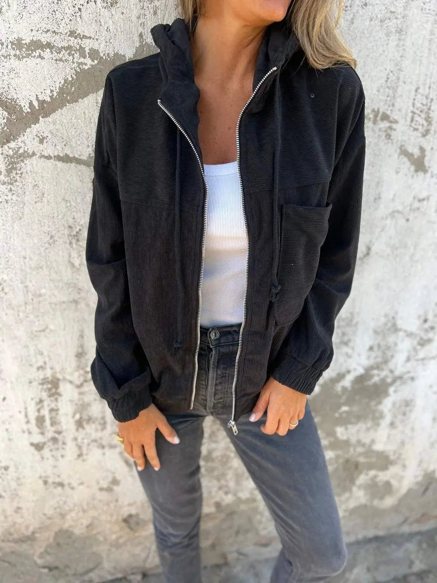 Women's Corduroy Hooded Zip-Up Quilted Jacket Women Oversized Fit