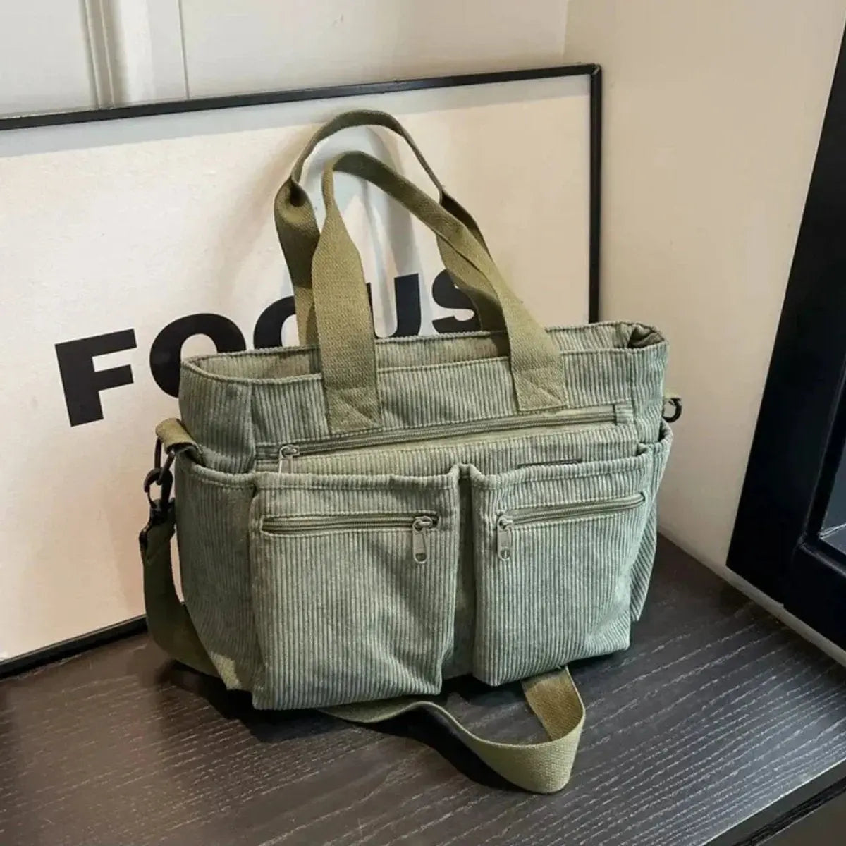 Women's Corduroy Multi-Pocket Shoulder Tote Bag