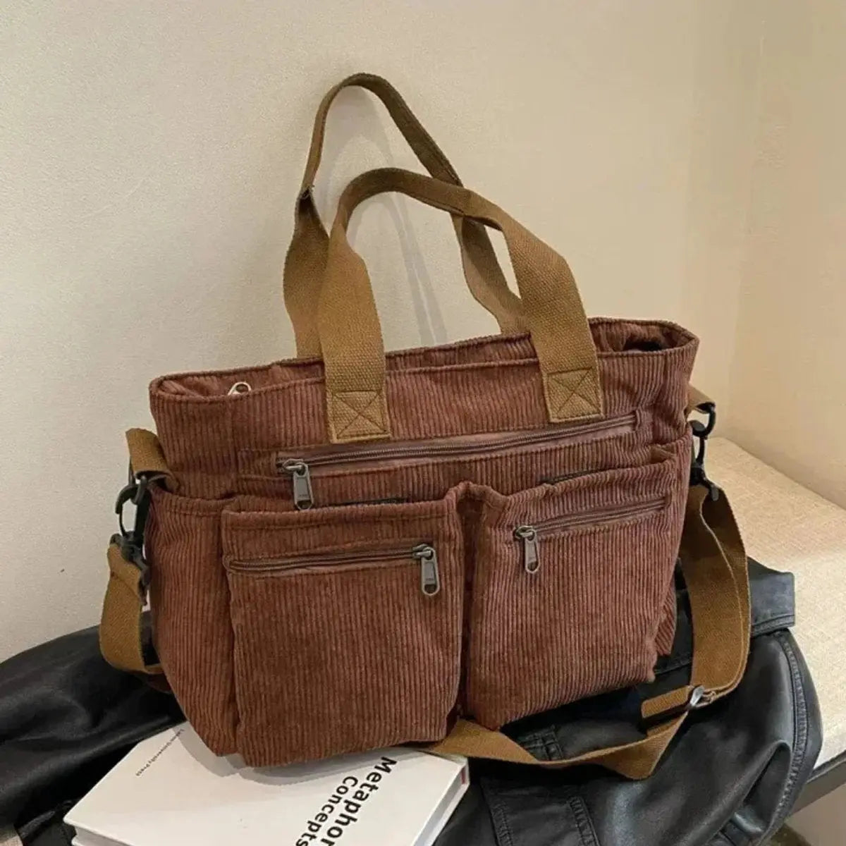 Women's Corduroy Multi-Pocket Shoulder Tote Bag