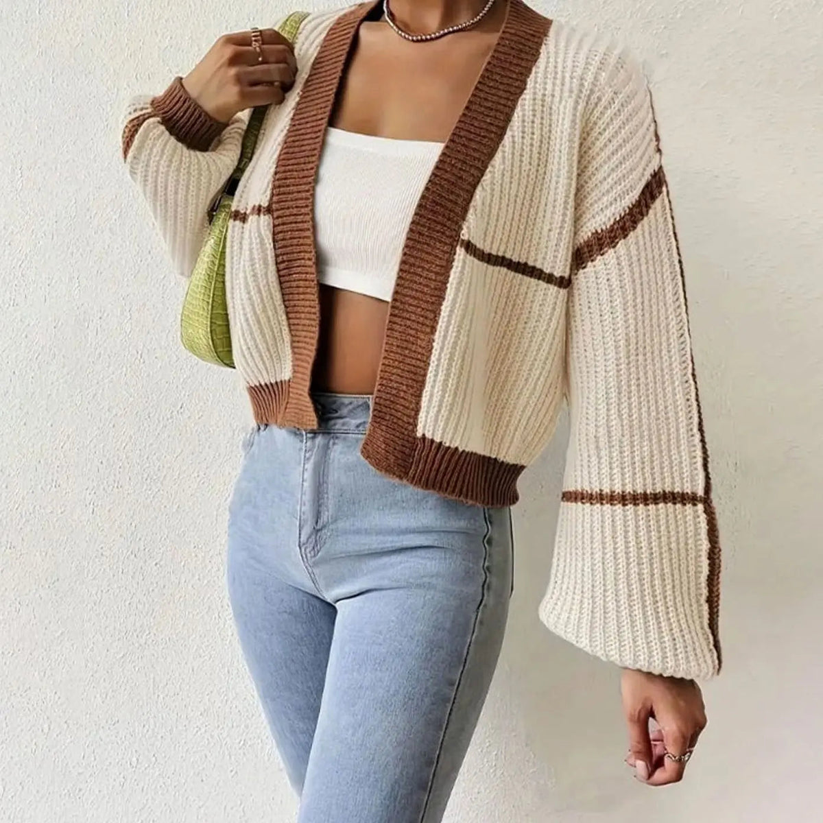 Women's Cropped Chunky Knit Cardigan Open Front Balloon Sleeve