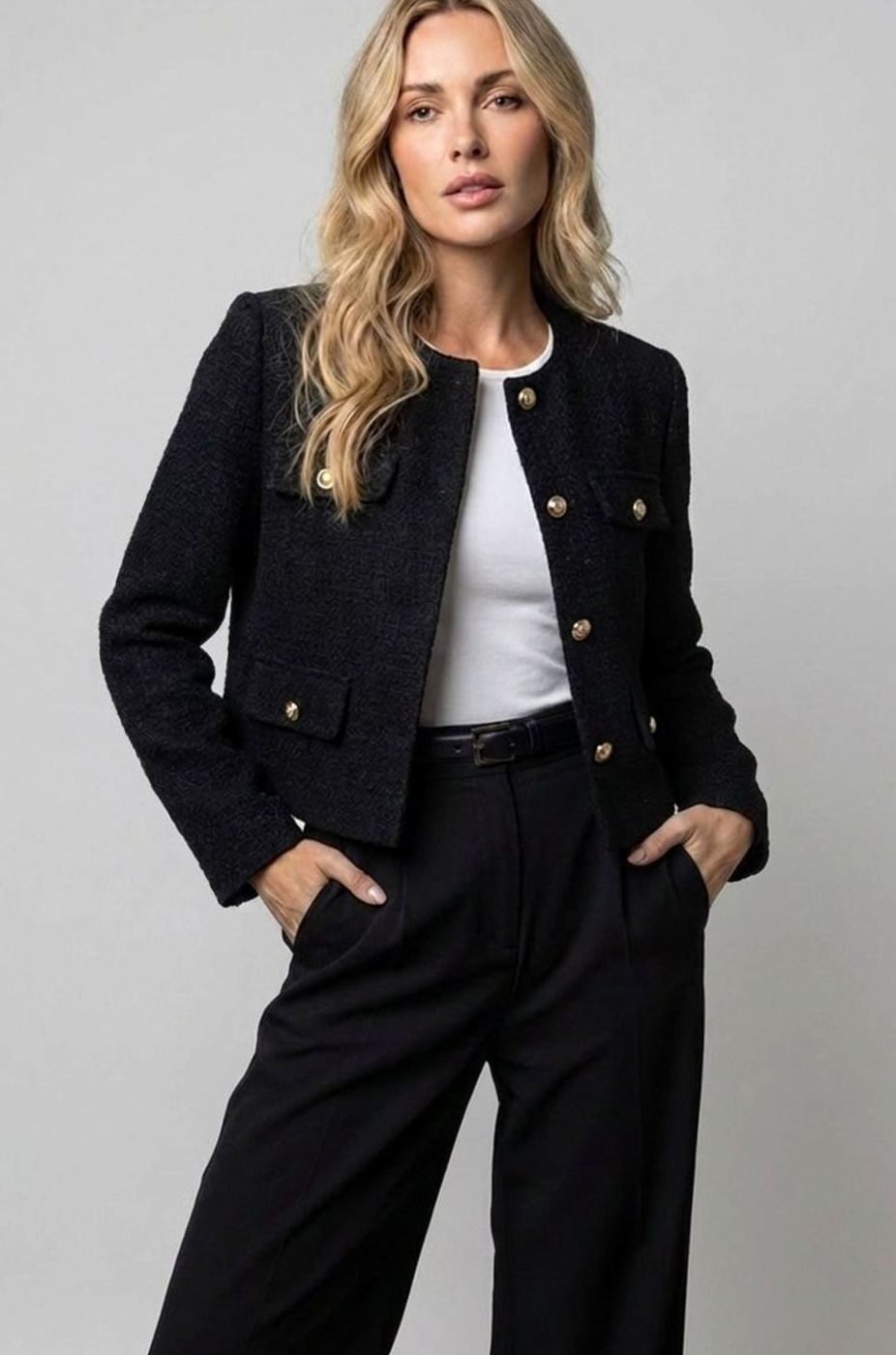Women's Cropped Collarless Tweed Blazer Gold Button Flap Pockets