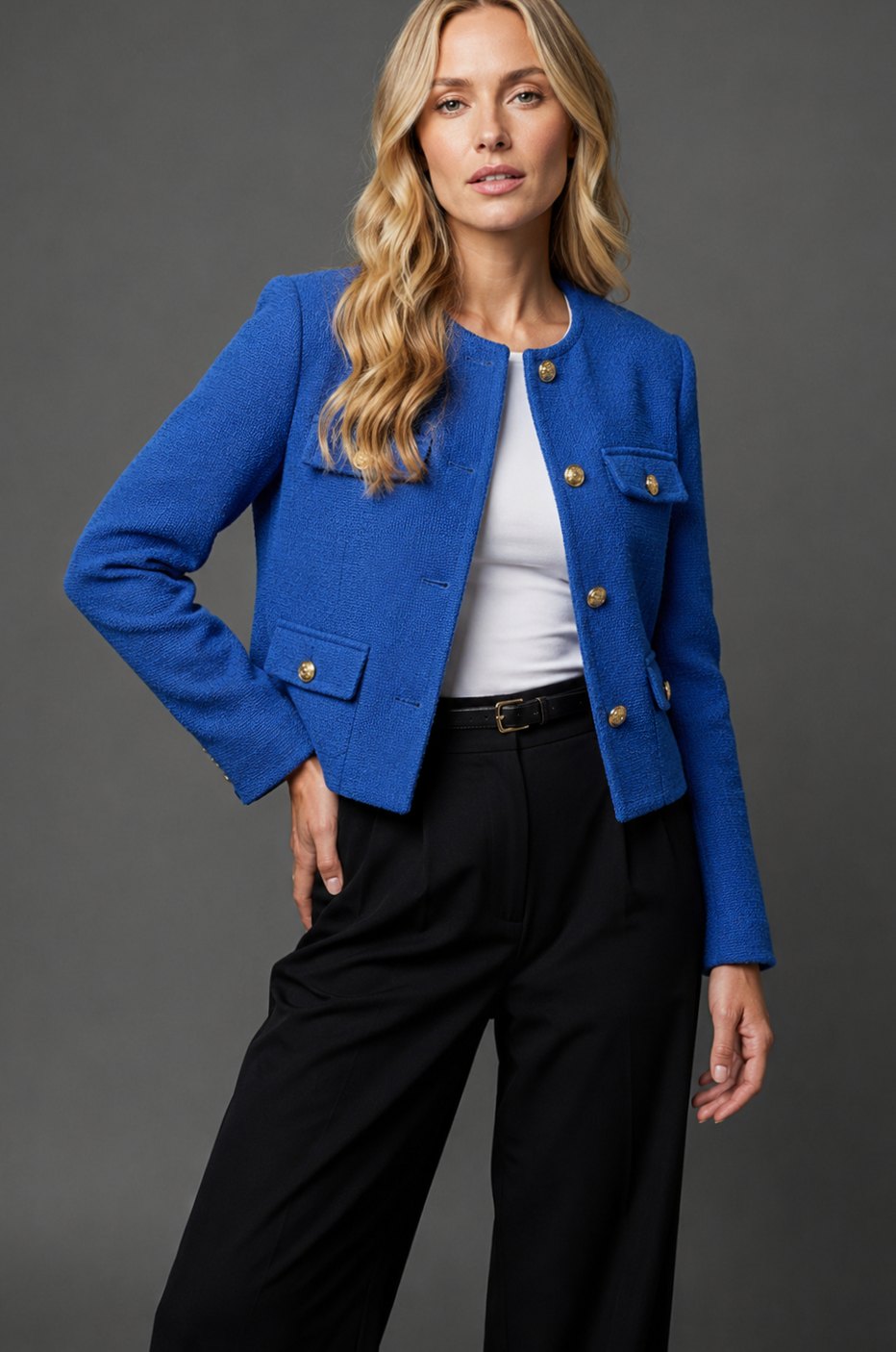 Women's Cropped Collarless Tweed Blazer Gold Button Flap Pockets