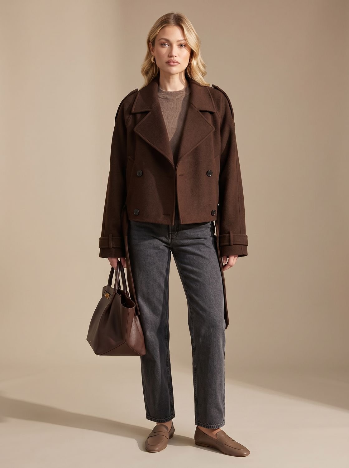 Grace | Women's Cropped Double-Breasted Wool Coat Epaulette Pea Coat