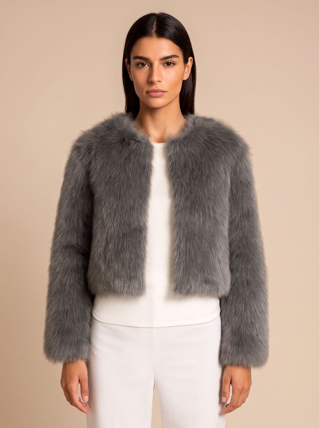 Phoebe | Women's Cropped Faux Fur Open-Front Teddy Jacket