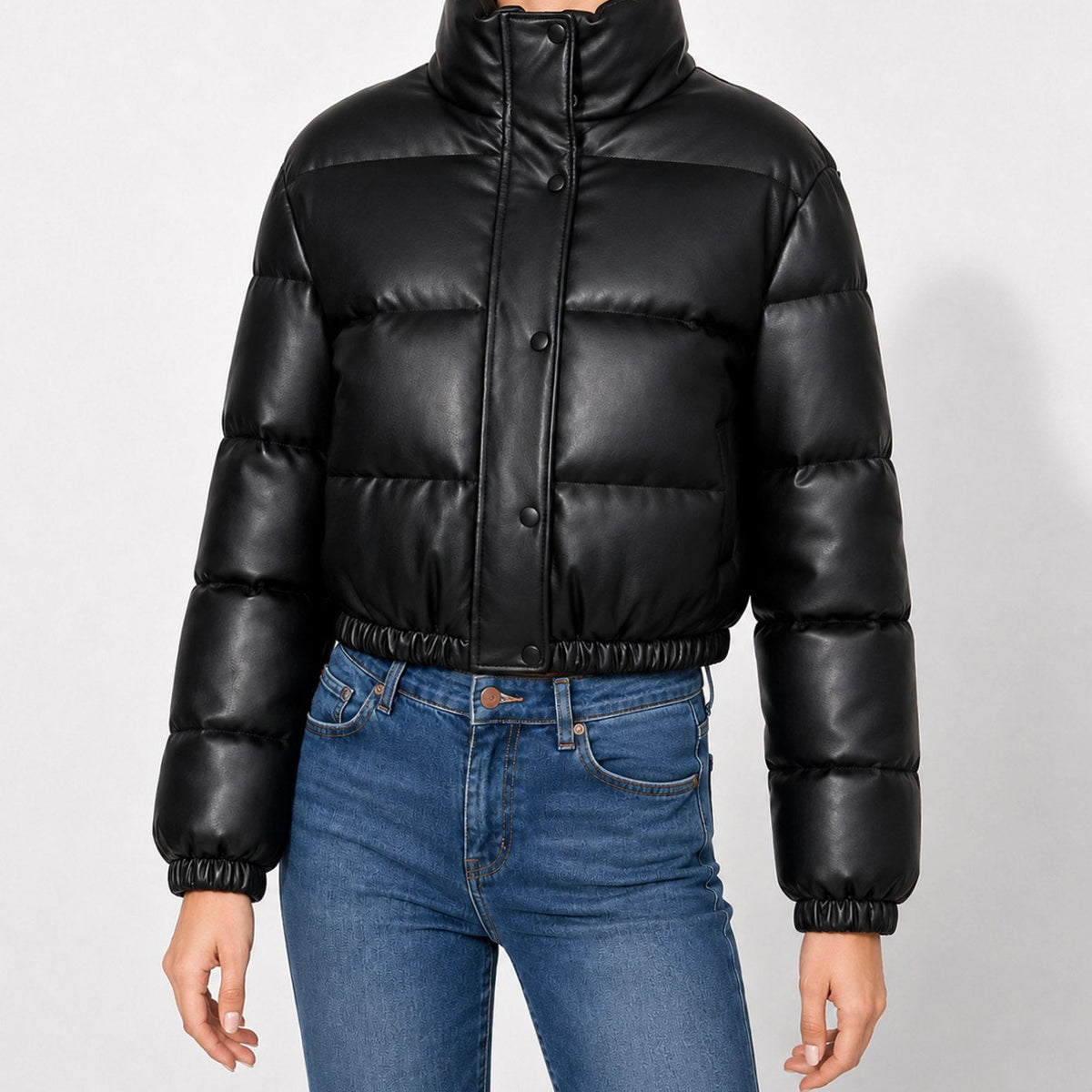 Women's Cropped Faux Leather Funnel-Neck Puffer Jacket