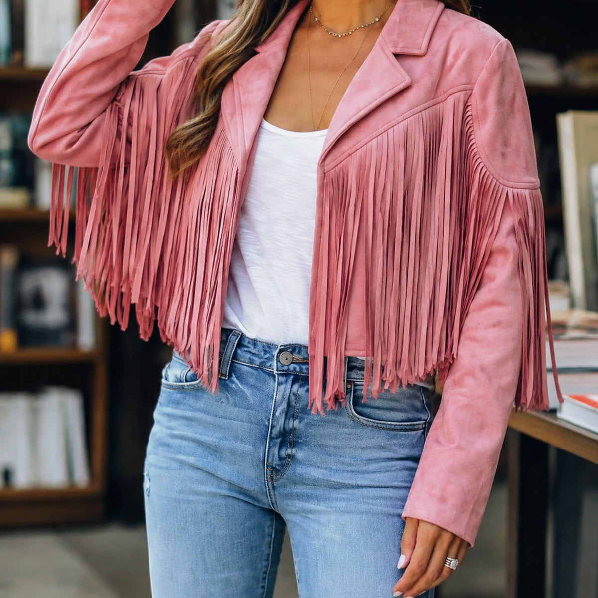 Women's Cropped Faux Suede Fringe Western Jacket