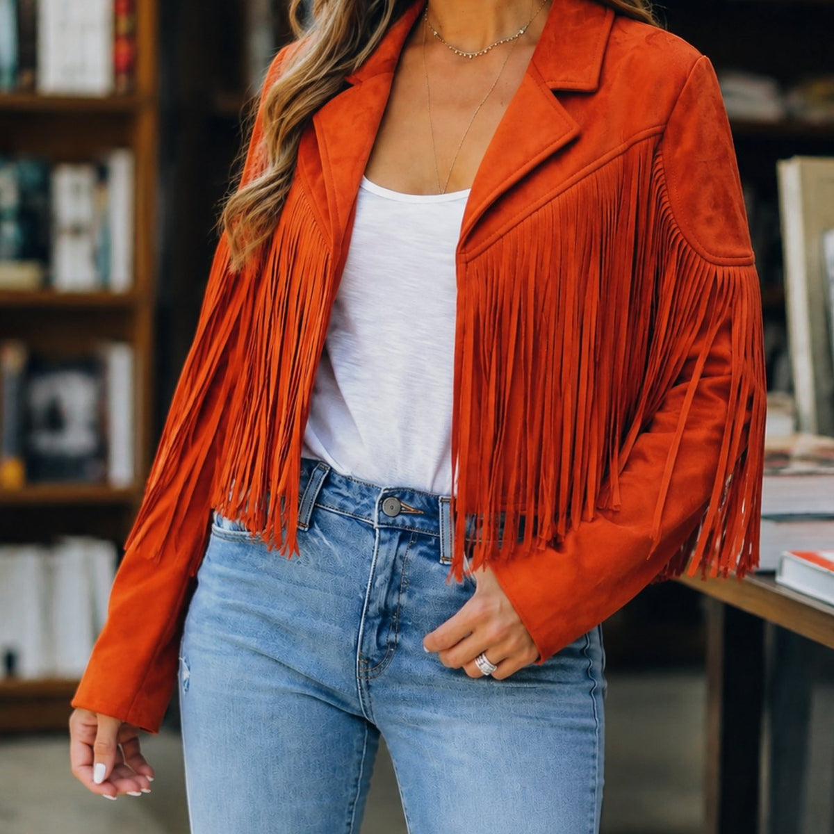 Women's Cropped Faux Suede Fringe Western Jacket