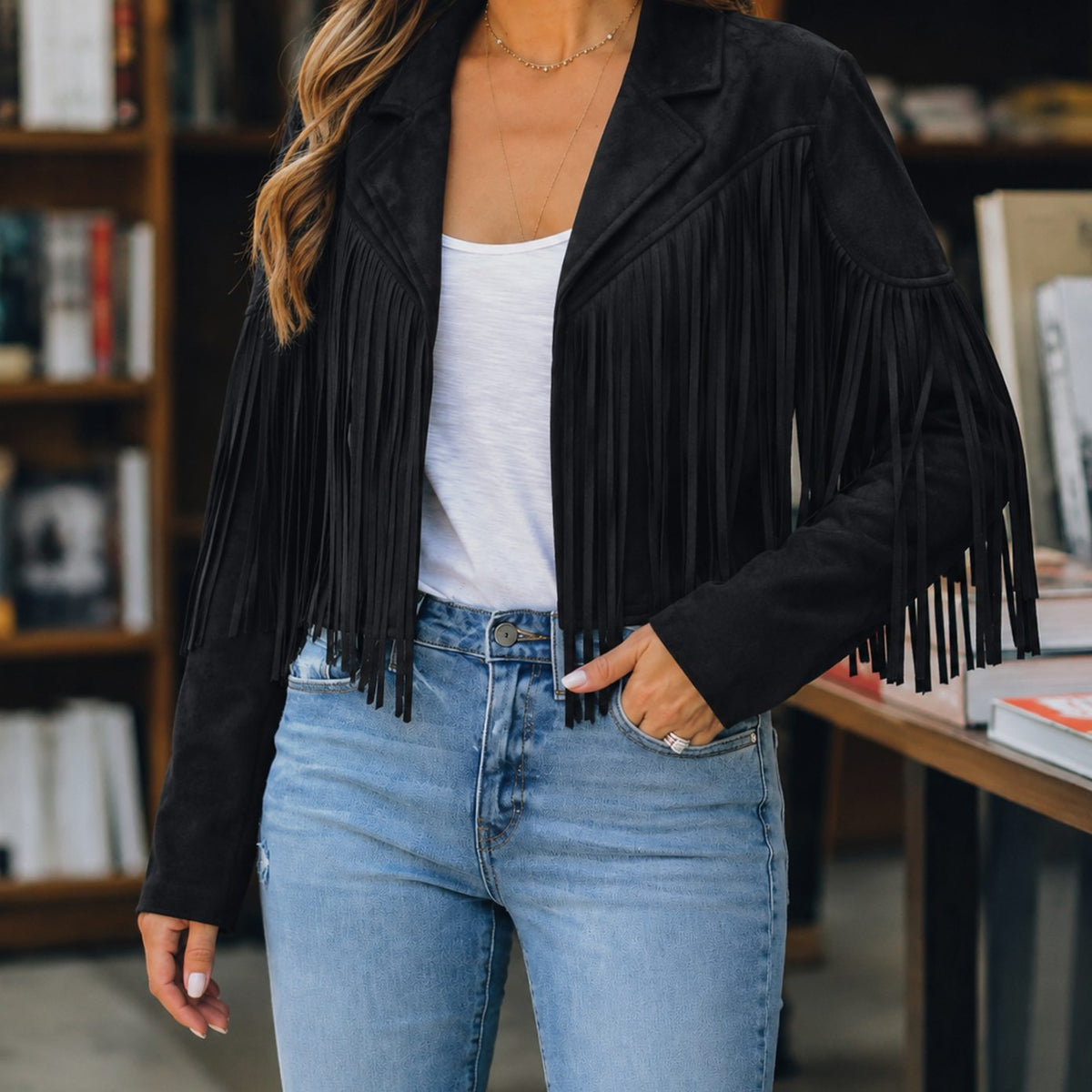 Women's Cropped Faux Suede Fringe Western Jacket
