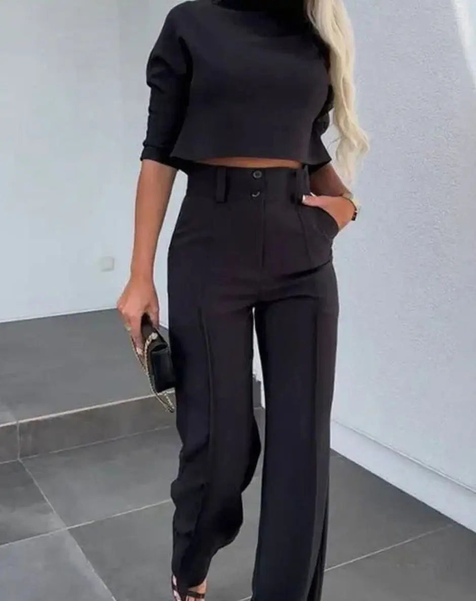 Women's Cropped Matching Top High-Waist Wide-Leg Trouser Two-Piece Set
