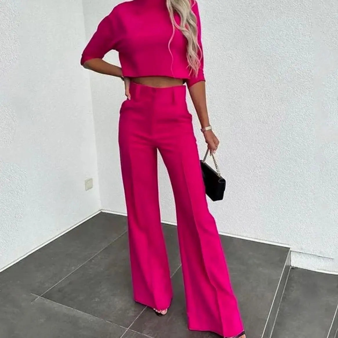 Women's Cropped Matching Top High-Waist Wide-Leg Trouser Two-Piece Set