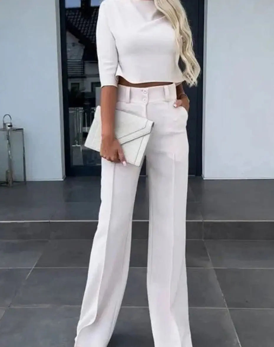 Women's Cropped Matching Top High-Waist Wide-Leg Trouser Two-Piece Set