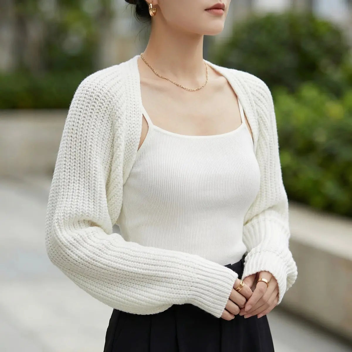 Women's Cropped Ribbed Knit Shrug Jumper Raglan Sleeve