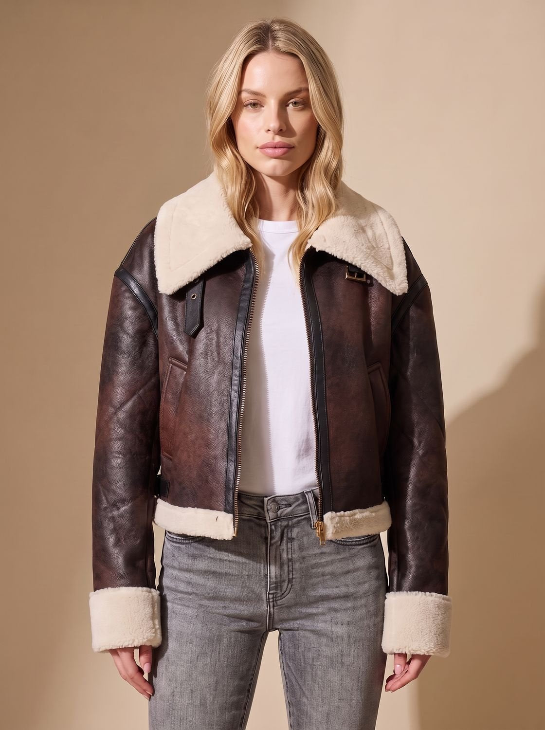 Emily | Women's Cropped Shearling-Trim Faux Leather Aviator Jacket