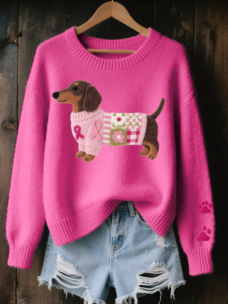 Women's Dachshund Patchwork Floral Knit Sweater Jumper