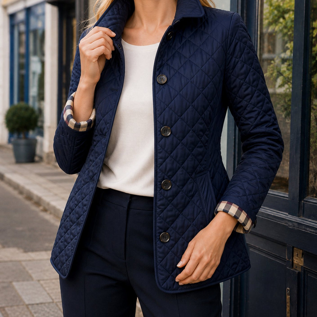 Women's Diamond-Quilted Button-Front Jacket Checked Cuffs