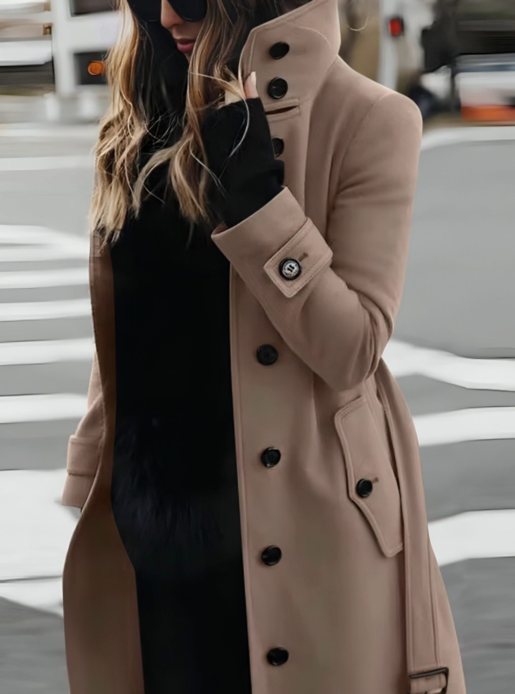 Women's Double-Breasted Belted Trench Coat High-Collar Longline