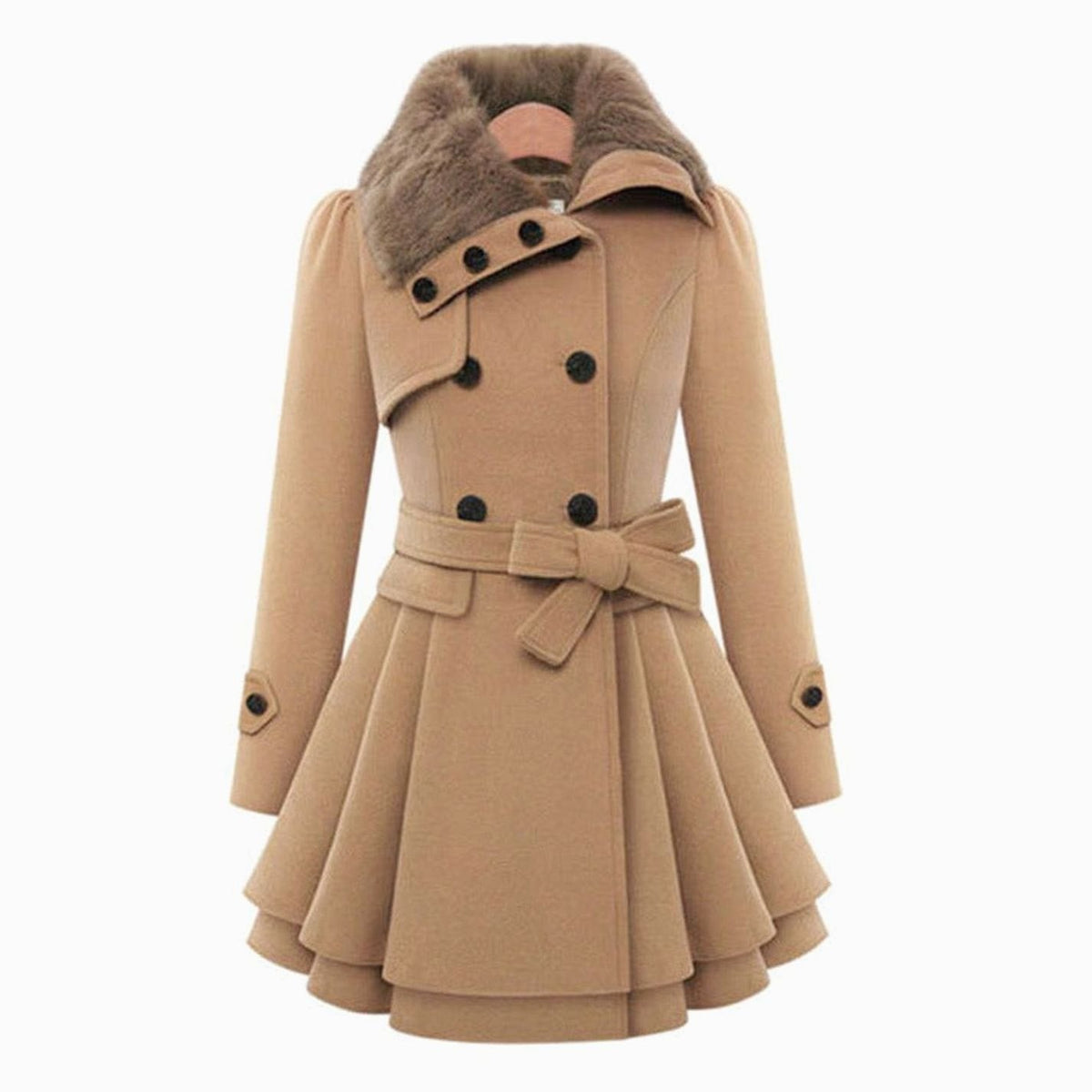 Women's Double-Breasted Faux Fur Collar Belted Ladies Overcoat