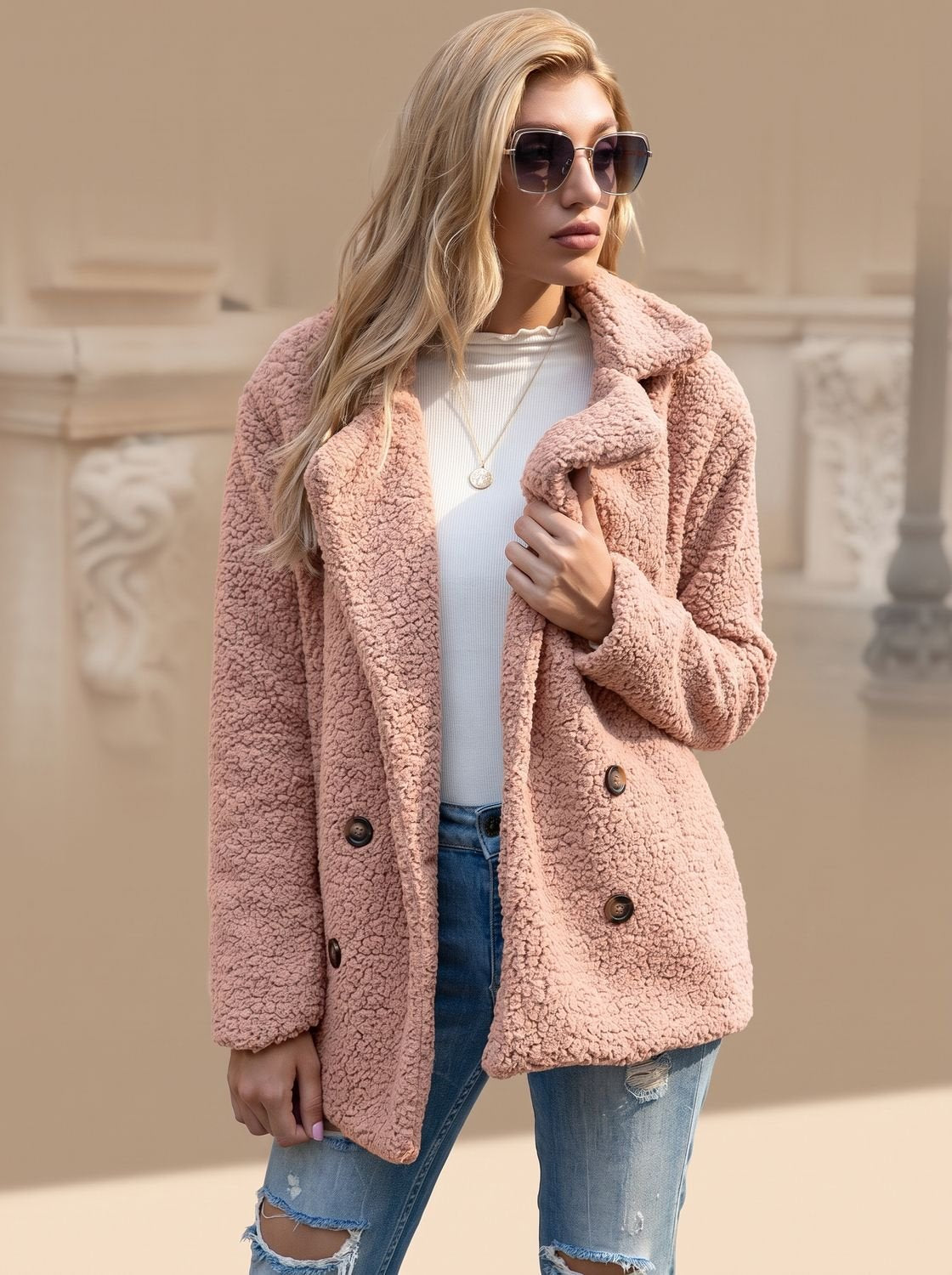 Sienna | Women's Double-Breasted Faux Fur Teddy Coat Notched Lapel
