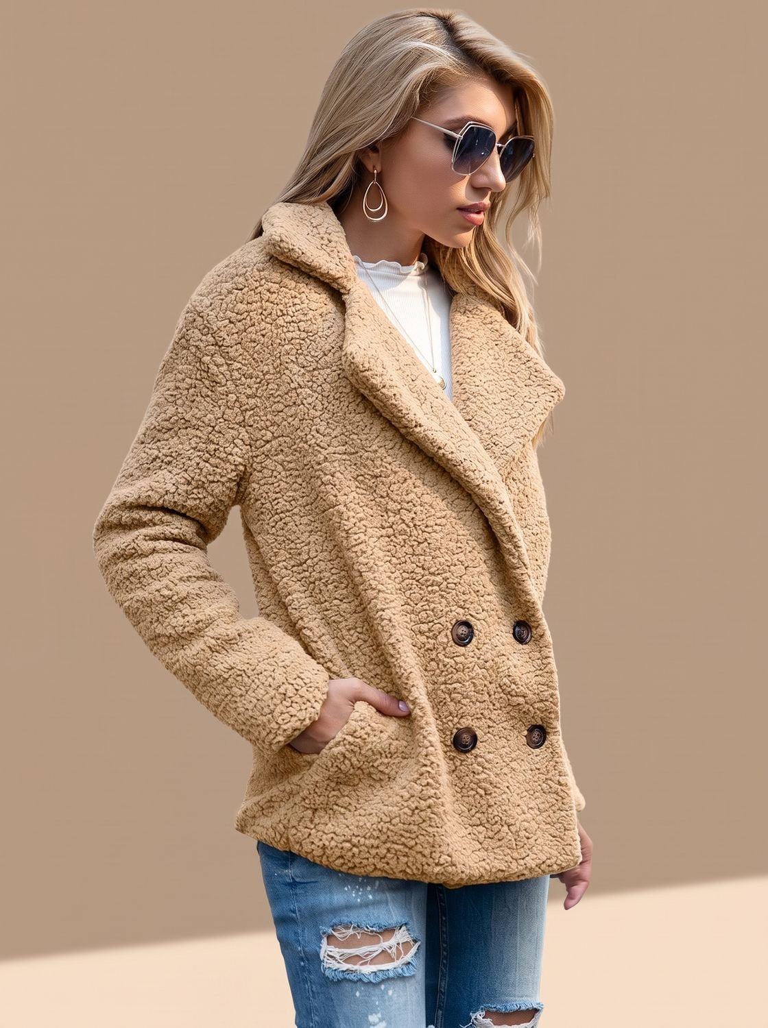 Sienna | Women's Double-Breasted Faux Fur Teddy Coat Notched Lapel