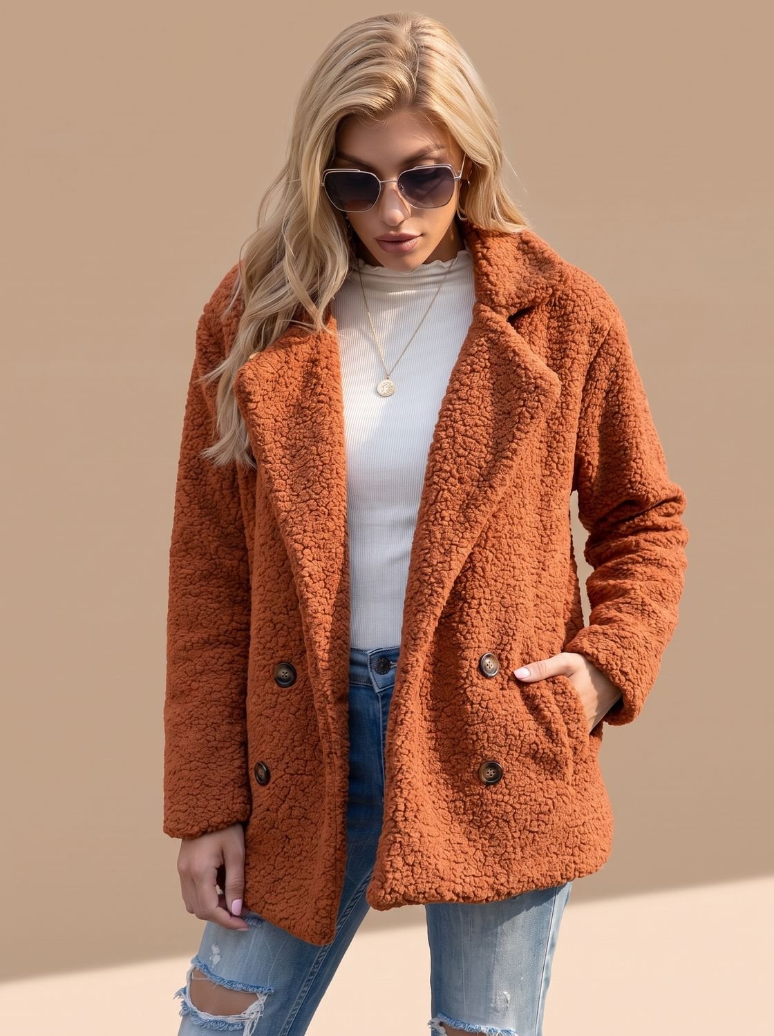 Sienna | Women's Double-Breasted Faux Fur Teddy Coat Notched Lapel