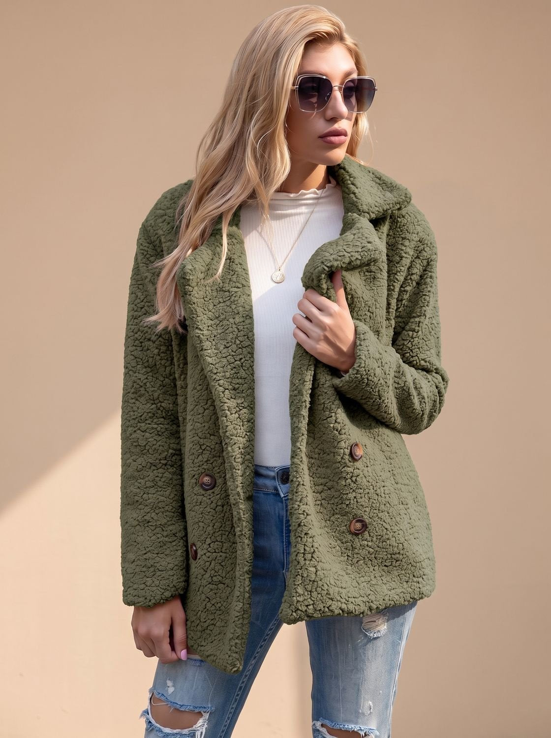 Sienna | Women's Double-Breasted Faux Fur Teddy Coat Notched Lapel