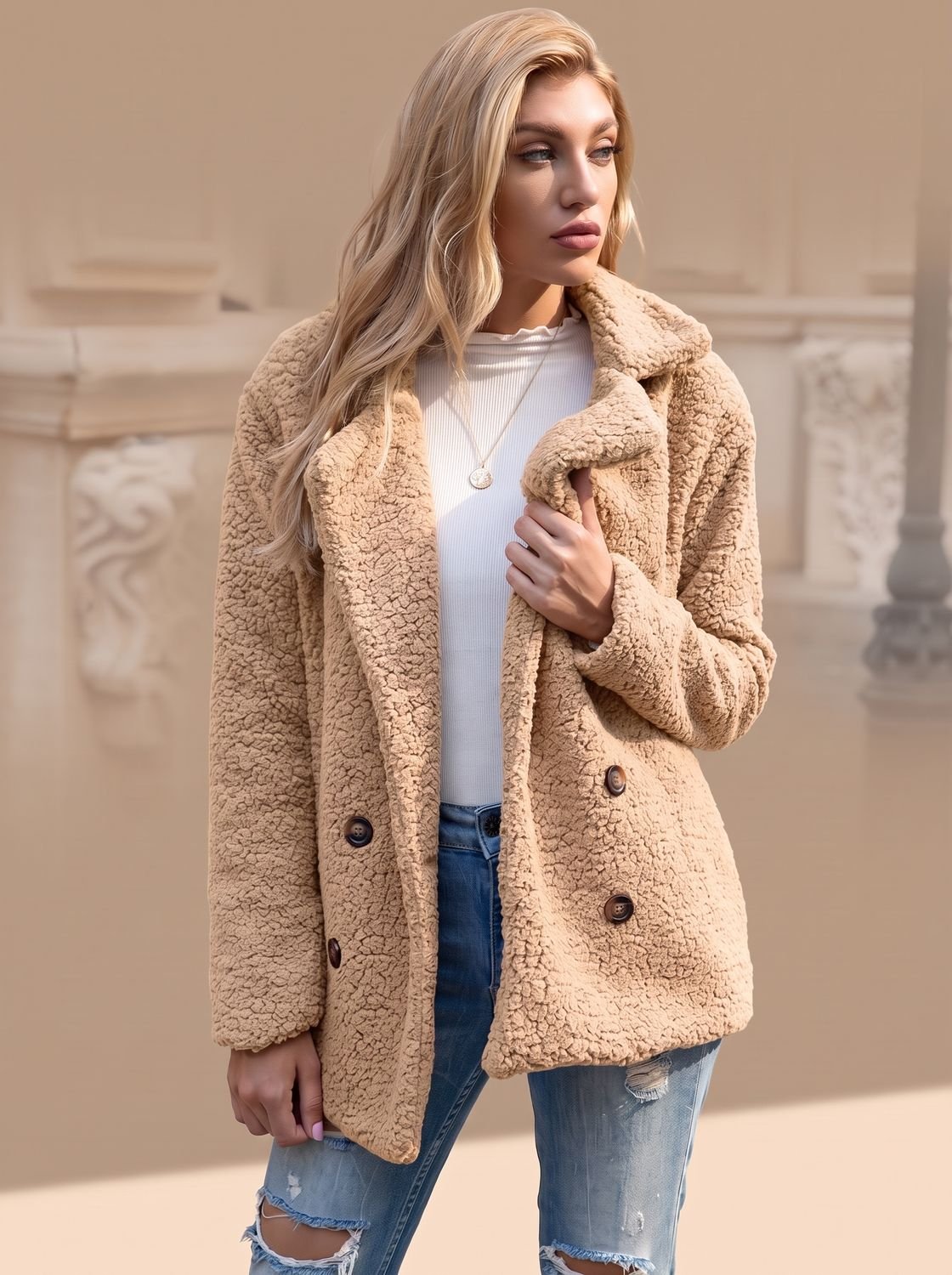 Sienna | Women's Double-Breasted Faux Fur Teddy Coat Notched Lapel
