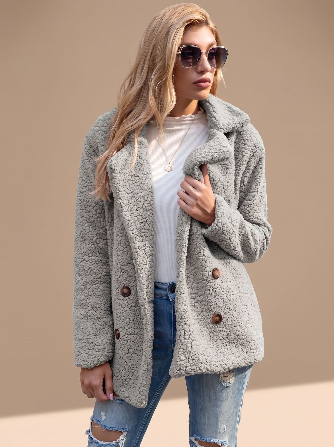 Sienna | Women's Double-Breasted Faux Fur Teddy Coat Notched Lapel