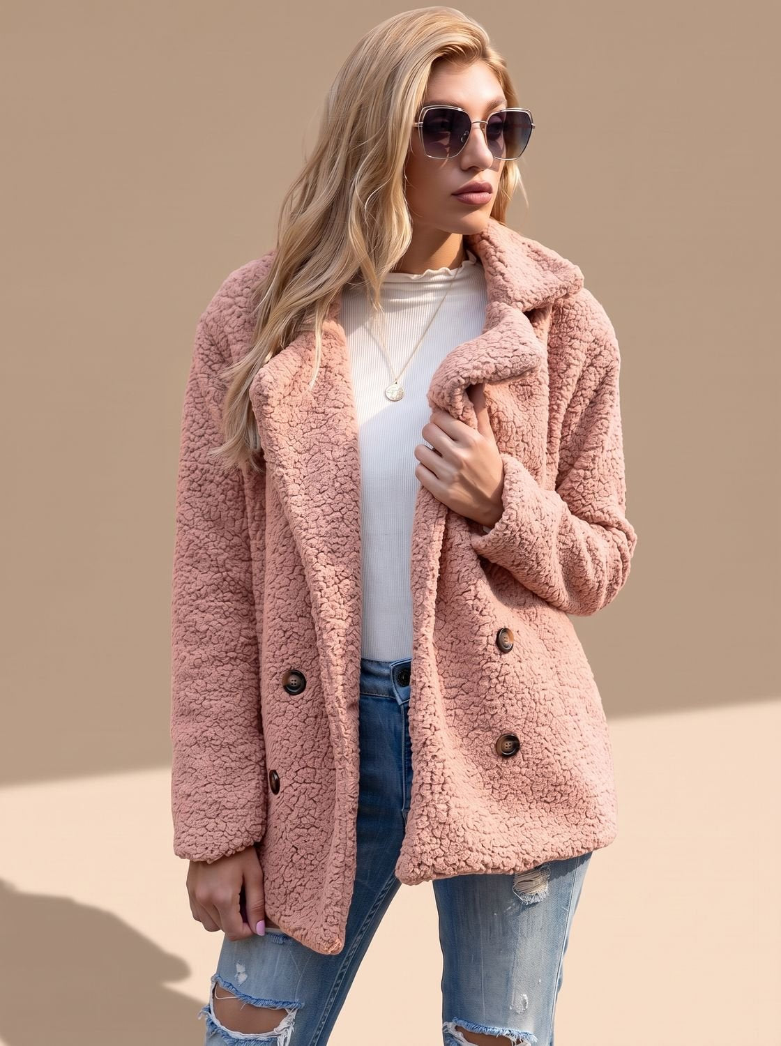 Sienna | Women's Double-Breasted Faux Fur Teddy Coat Notched Lapel