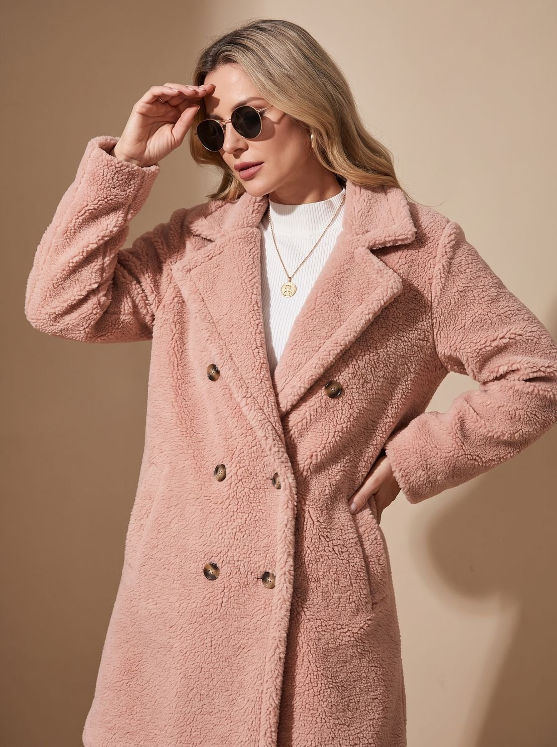Sienna | Women's Double-Breasted Faux Fur Teddy Coat Notched Lapel
