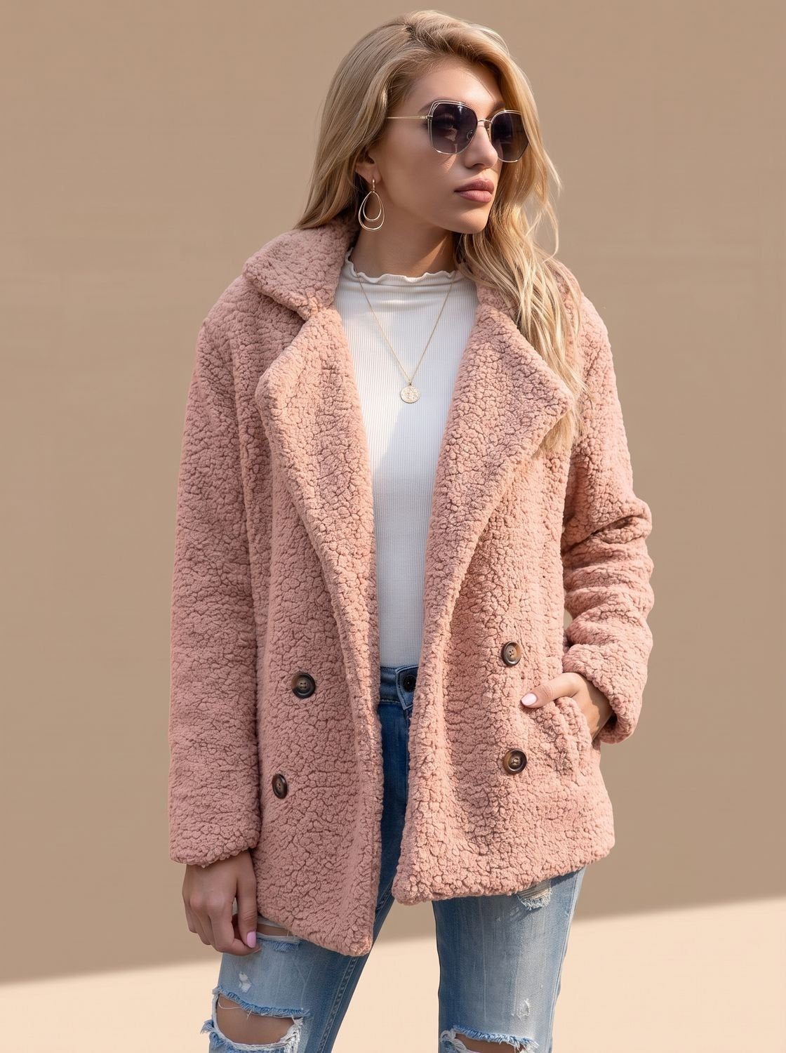 Sienna | Women's Double-Breasted Faux Fur Teddy Coat Notched Lapel