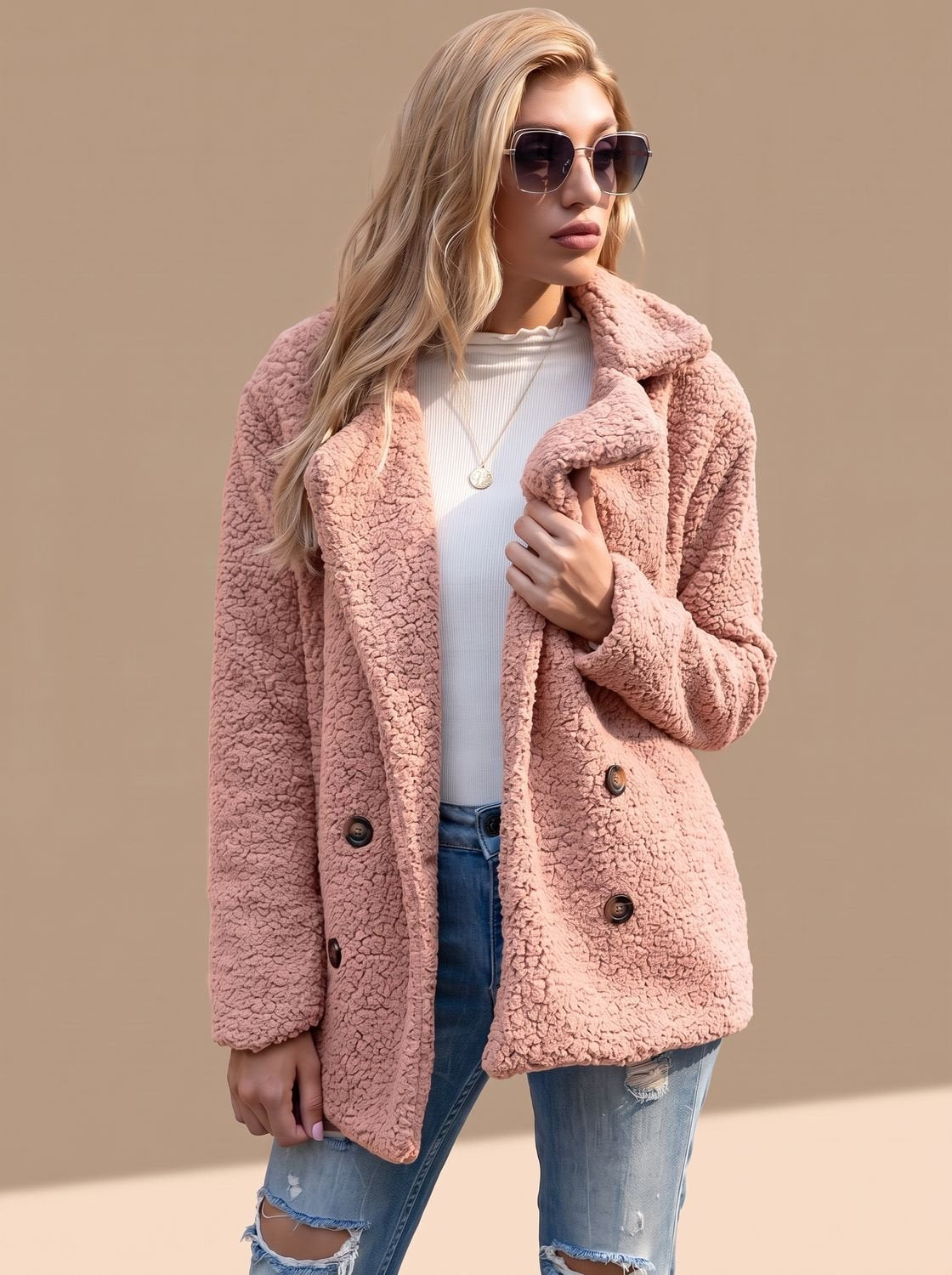 Sienna | Women's Double-Breasted Faux Fur Teddy Coat Notched Lapel