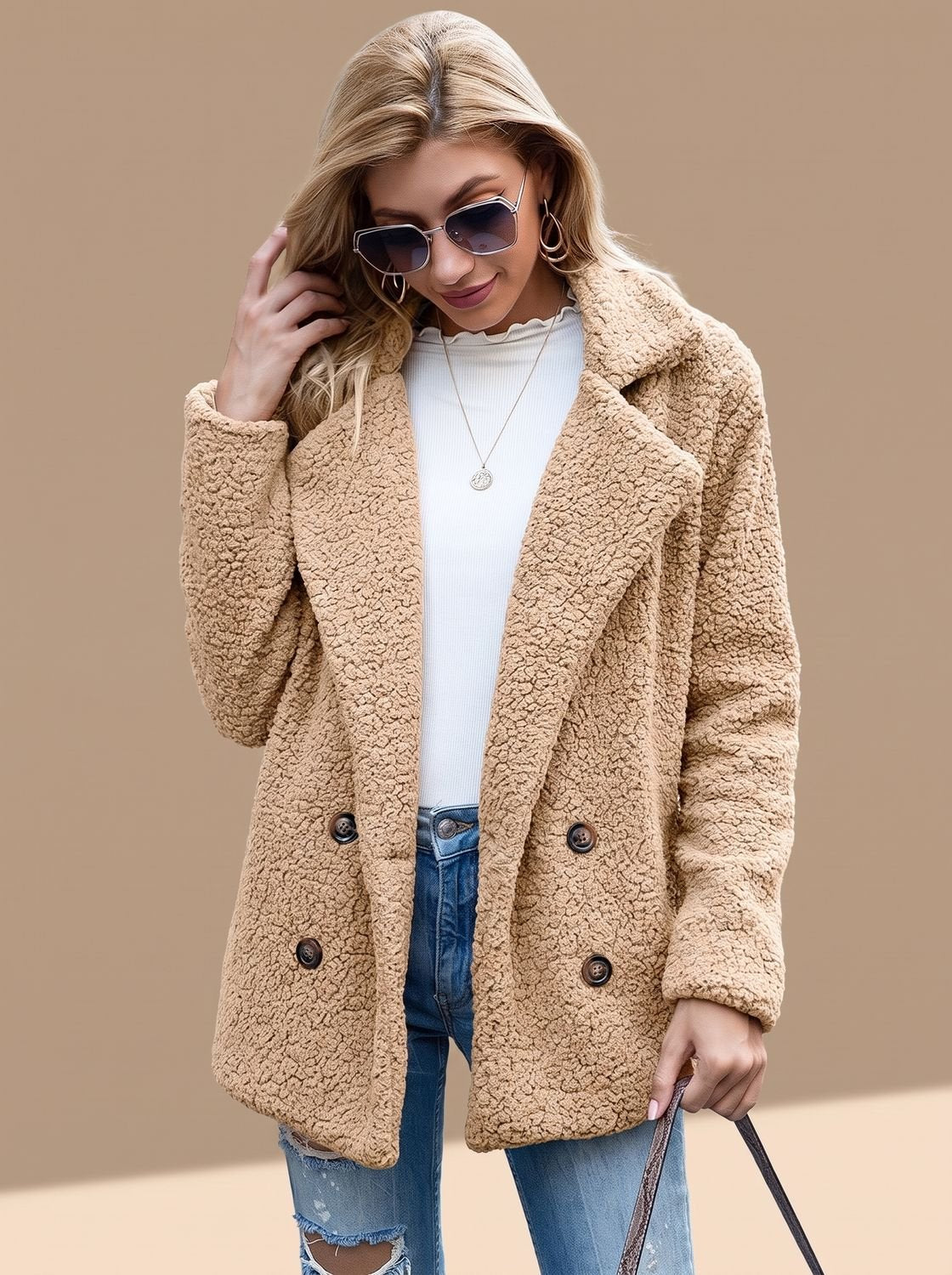Sienna | Women's Double-Breasted Faux Fur Teddy Coat Notched Lapel
