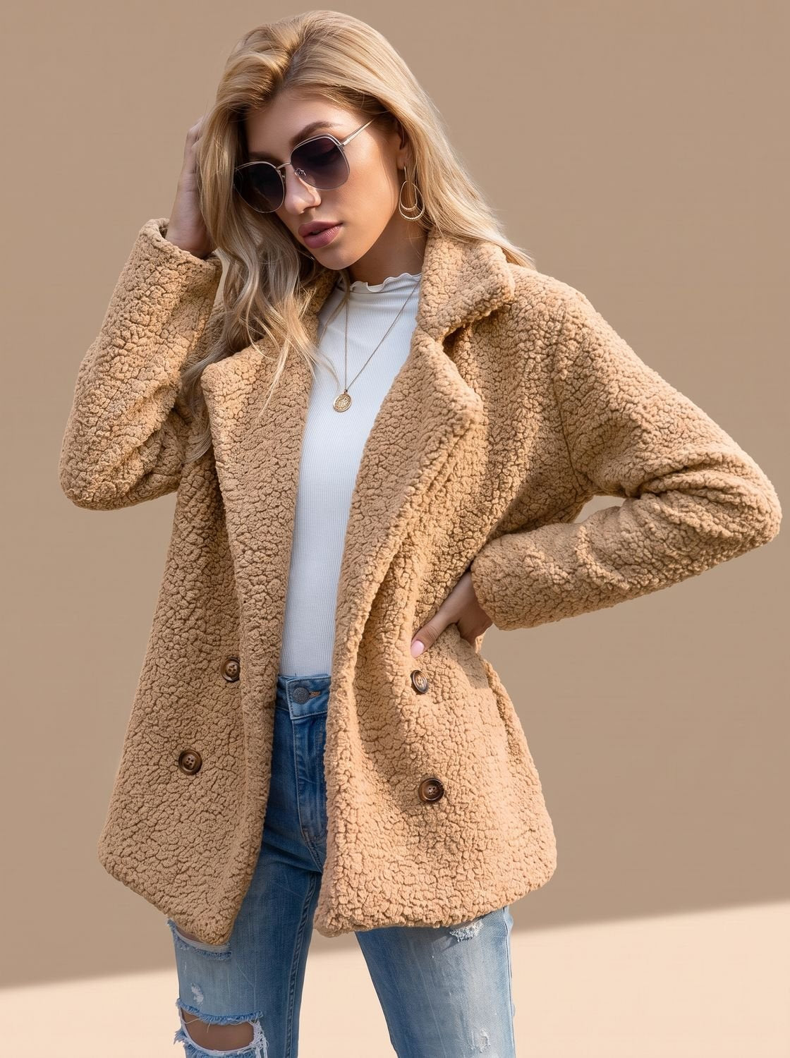 Sienna | Women's Double-Breasted Faux Fur Teddy Coat Notched Lapel