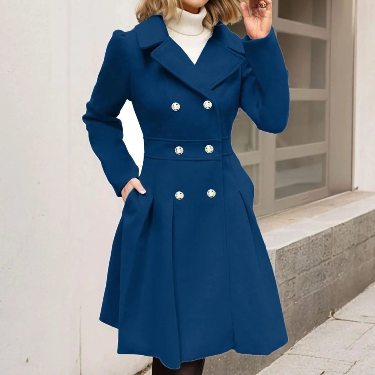 Women's Double-Breasted Flared Pleated Longline Wool-Touch Coat