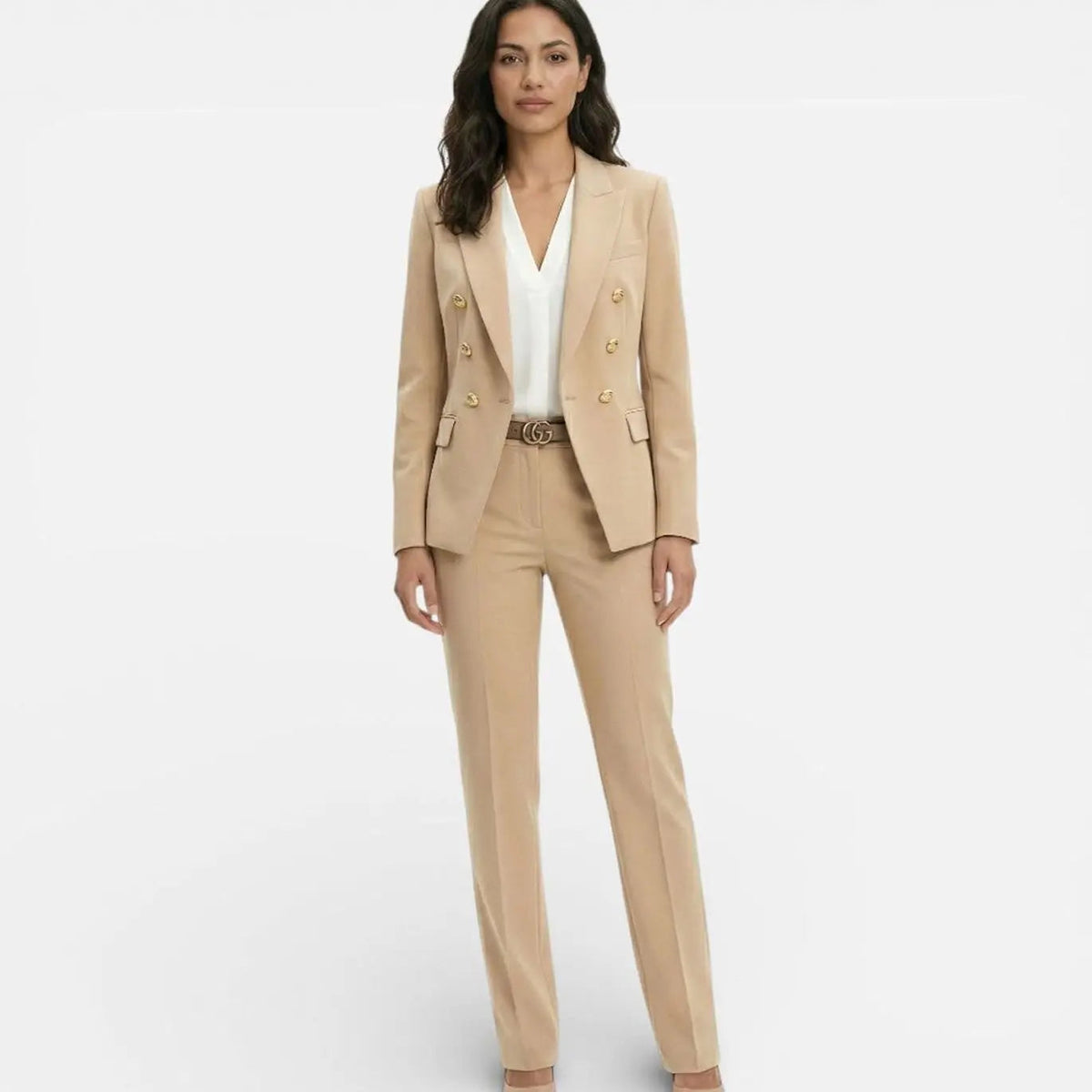 Women's Double-Breasted Gold-Button Blazer Trouser Suit Set