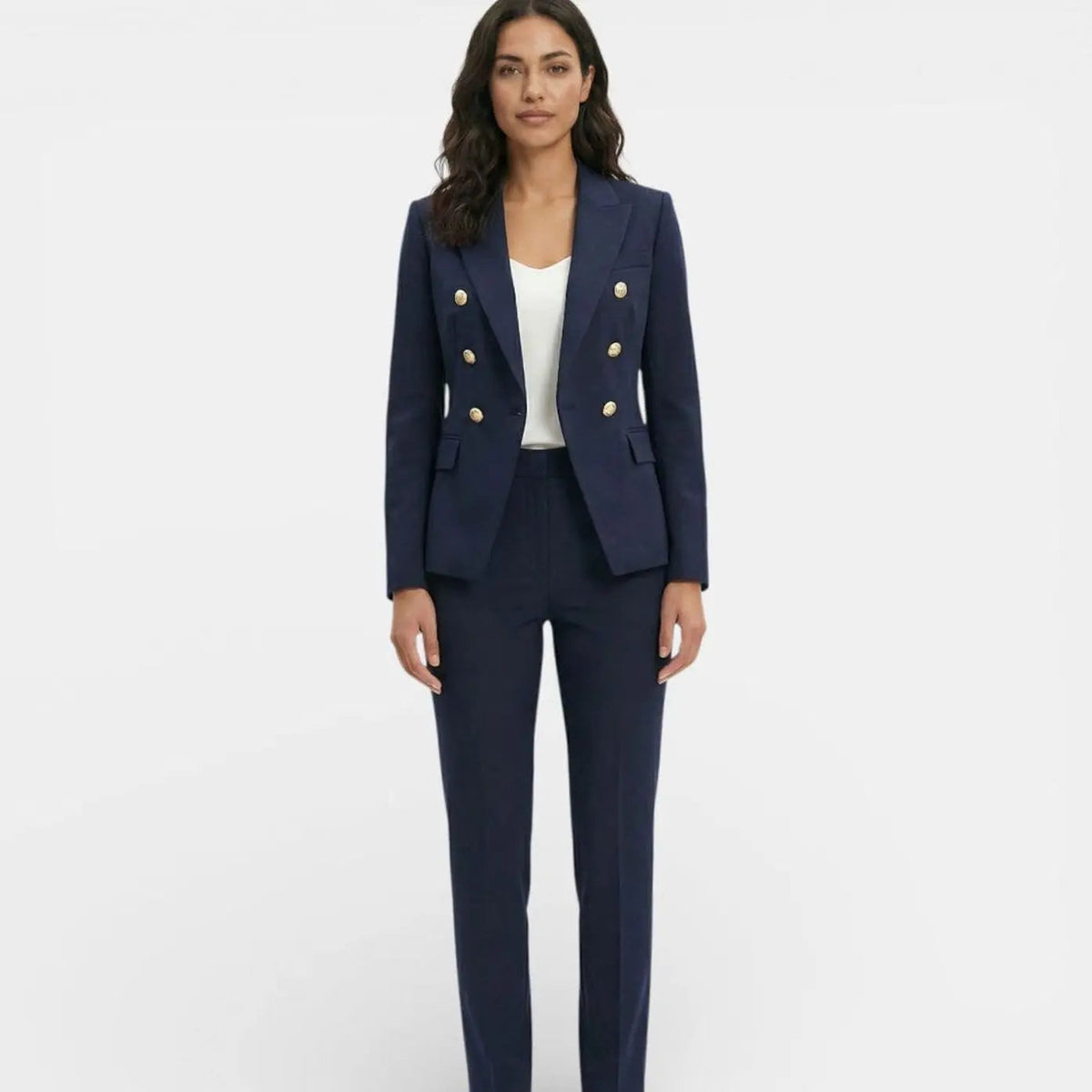 Women's Double-Breasted Gold-Button Blazer Trouser Suit Set