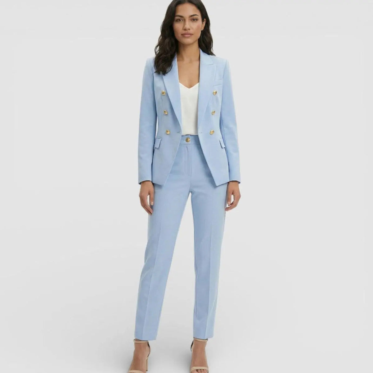 Women's Double-Breasted Gold-Button Blazer Trouser Suit Set