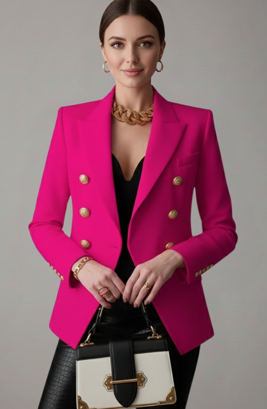 Women's Double-Breasted Gold-Button Tailored Blazer