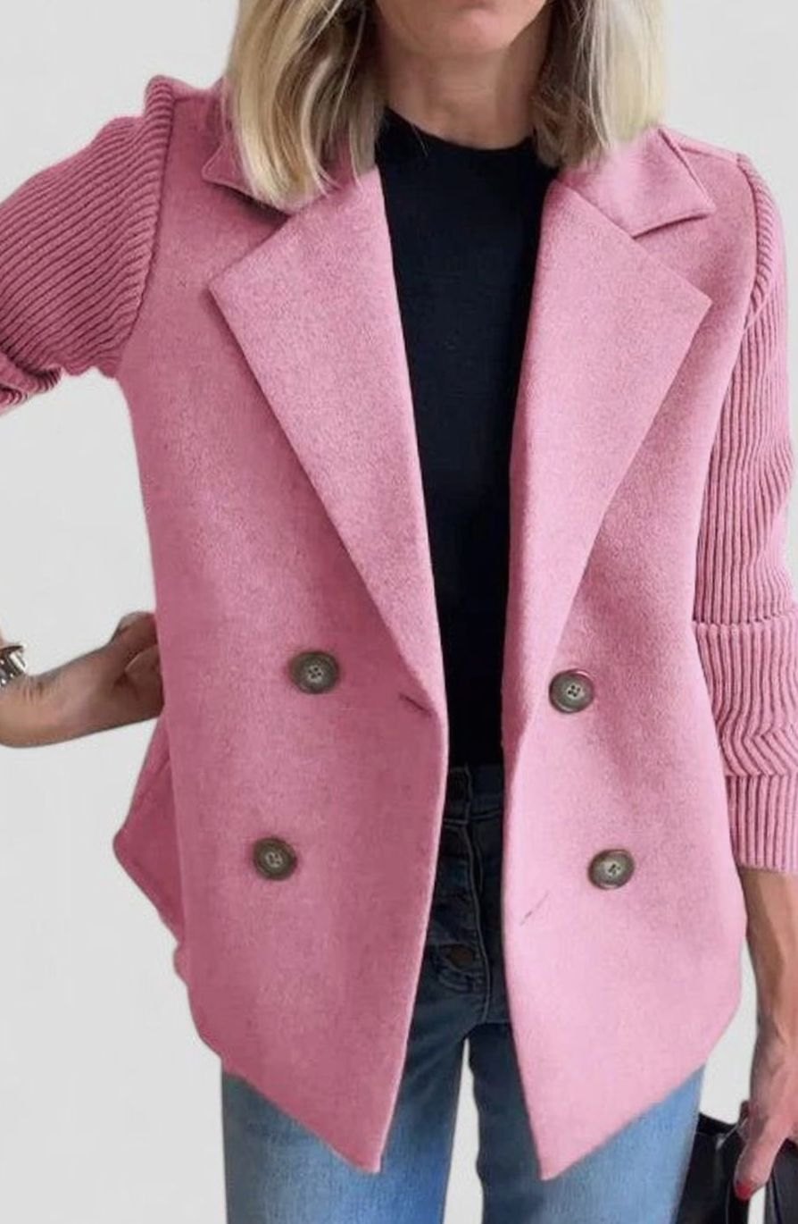 Women's Double-Breasted Knit-Sleeve Tailored Blazer