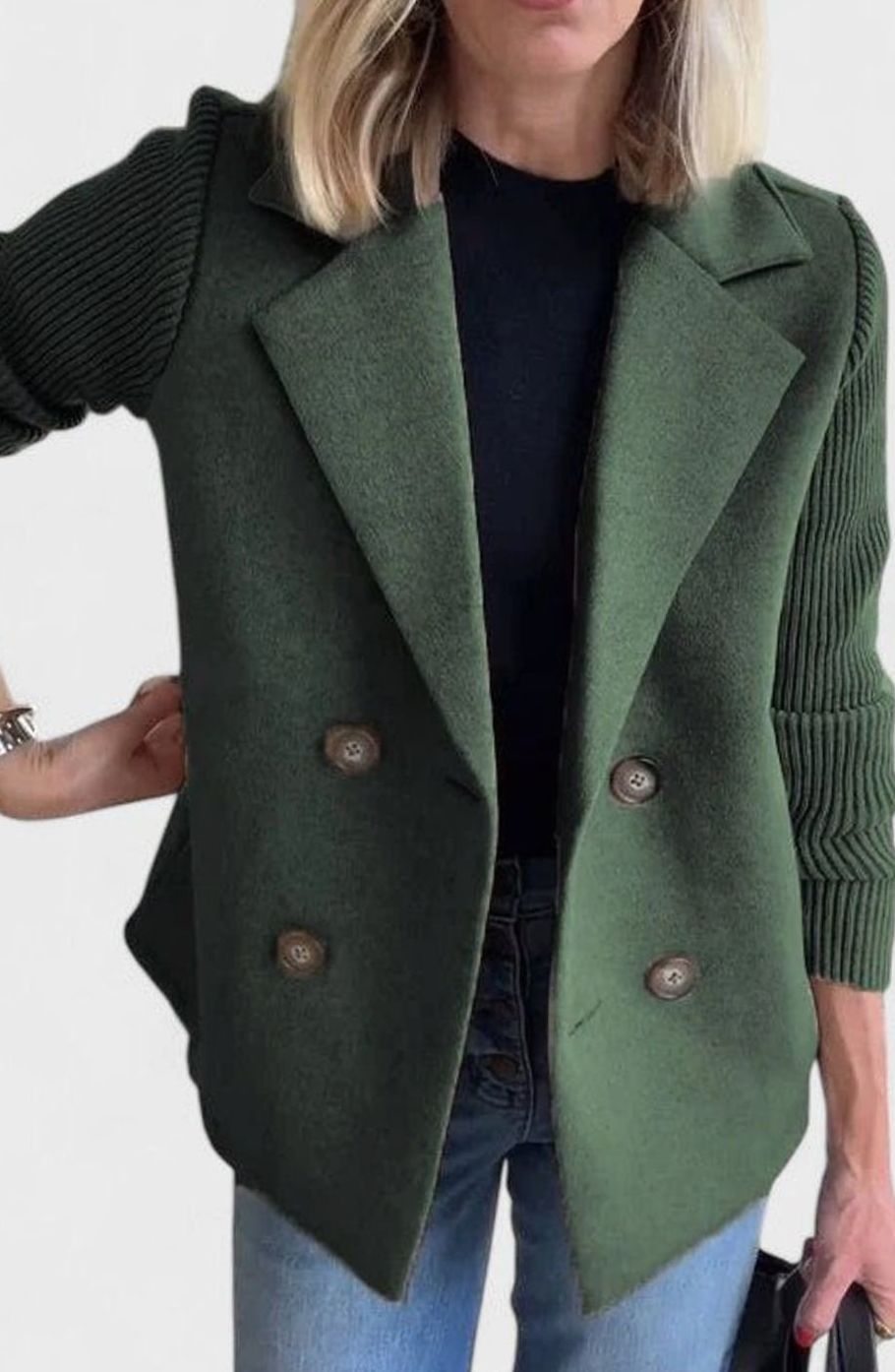 Women's Double-Breasted Knit-Sleeve Tailored Blazer