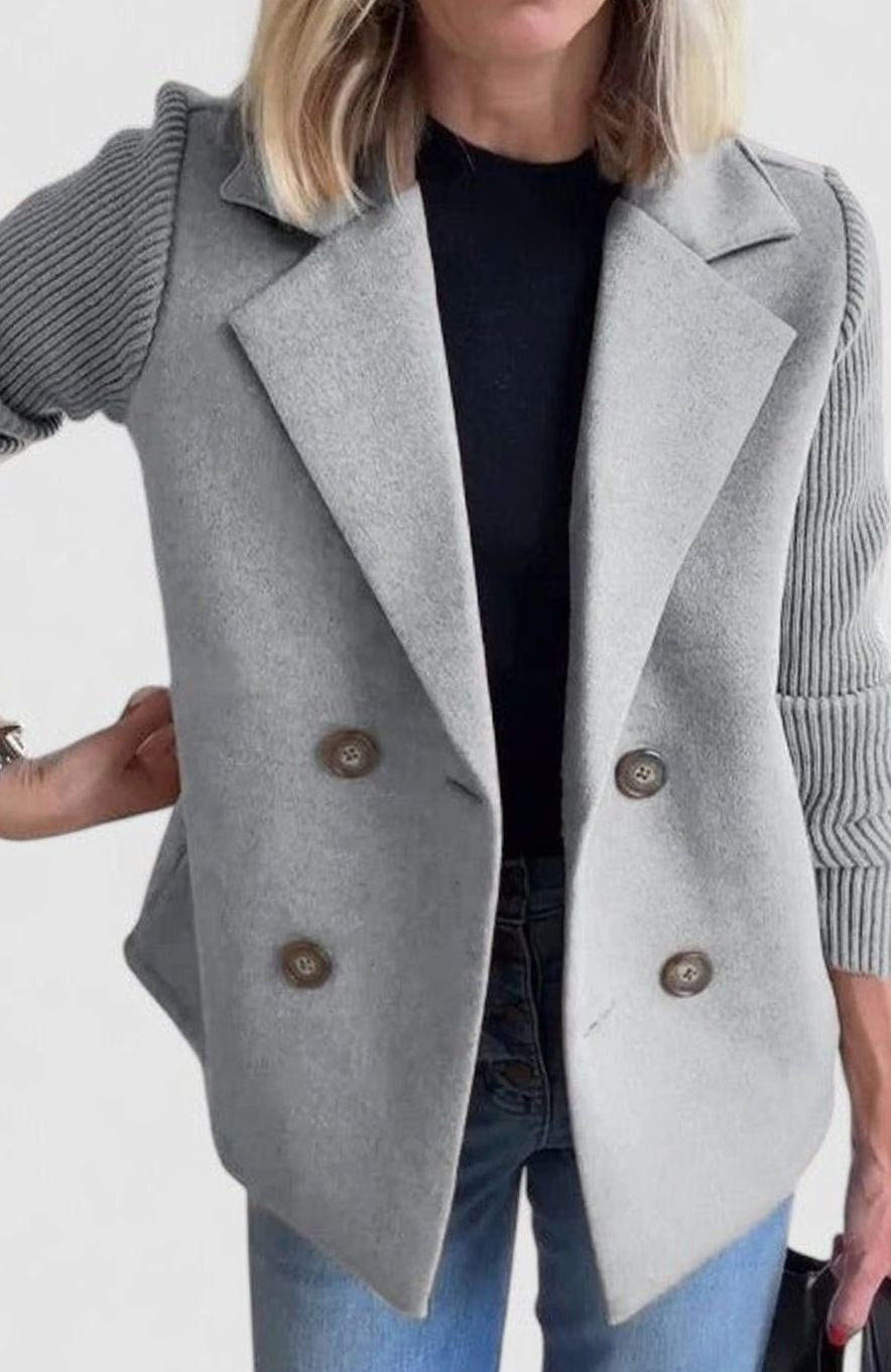 Women's Double-Breasted Knit-Sleeve Tailored Blazer